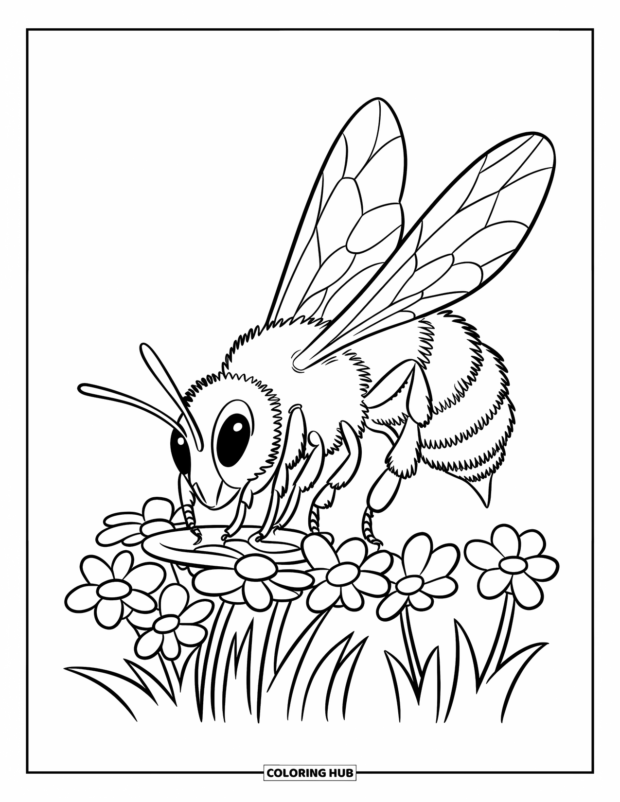 Bee Coloring Page for Kids: Bee gathers pollen from a flower bunch with detailed body parts