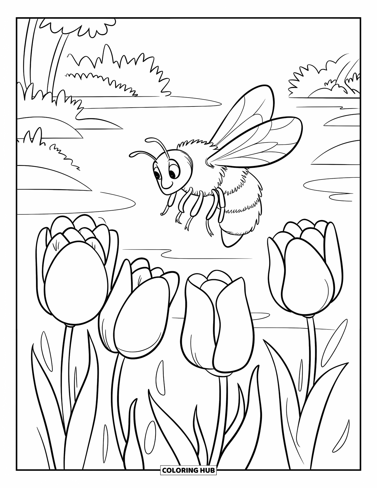 Bee Coloring Page for Kids: Bee loops joyfully between blooming tulips in the garden