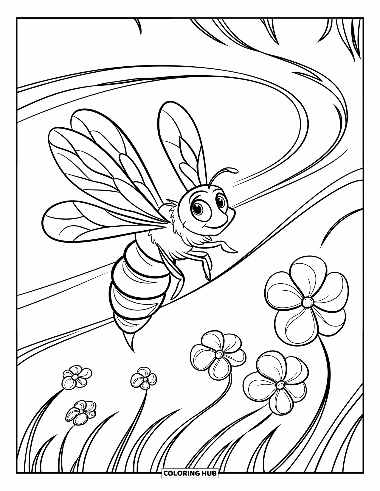 Bee Coloring Page for Kids: Bee mid-flight leaves behind swirls and floral motion lines