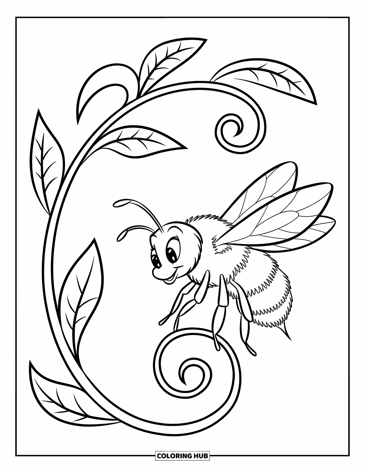 Bee Coloring Page for Kids: Smiling bee perches on a leaf-textured vine with gentle curves