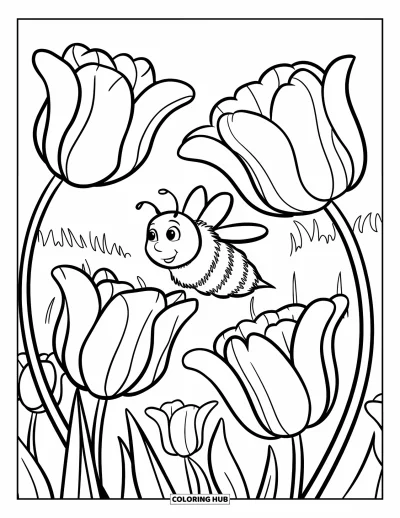 Fargeleggingsark med bie for barn: Smilende bie med store vinger svinger seg rundt blomstrende tulipaner