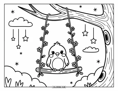Dibujo de pajaros para colorear para adultos: Ave adorable columpiándose en una ramita florida bajo las estrellas