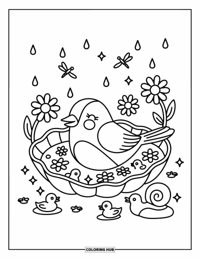 Dibujo de pajaros para colorear para adultos: Ave bañándose con flores flotantes y patitos de juguete mientras libélulas revolotean cerca
