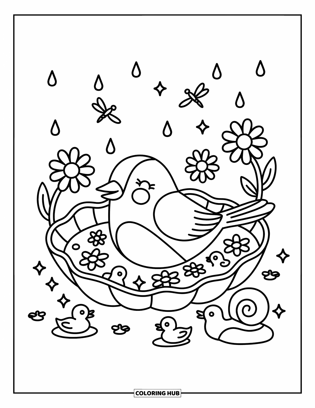 Bird Coloring Page for Adults: Bird bathing with floating flowers and duckies while dragonflies hover nearby