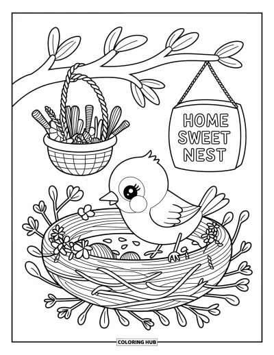 Dibujo de pajaros para colorear para adultos: Ave ocupada construyendo su nido con accesorios tiernos y un letrero acogedor