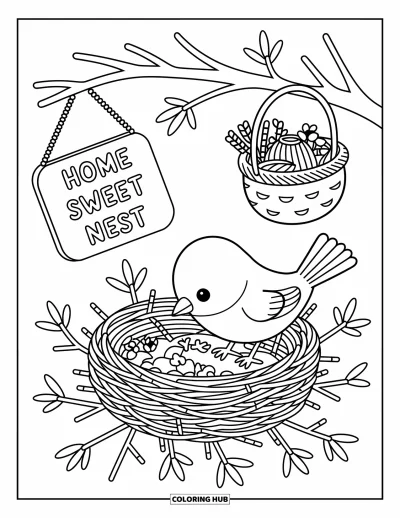 Dibujo de pajaros para colorear para adultos: Ave armando un nido con pétalos, estambre y un letrero de hogar dulce hogar