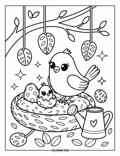 Dibujo de pajaros para colorear para adultos: Ave en un nido cómodo con huevos decorados y una cría curiosa recién nacida