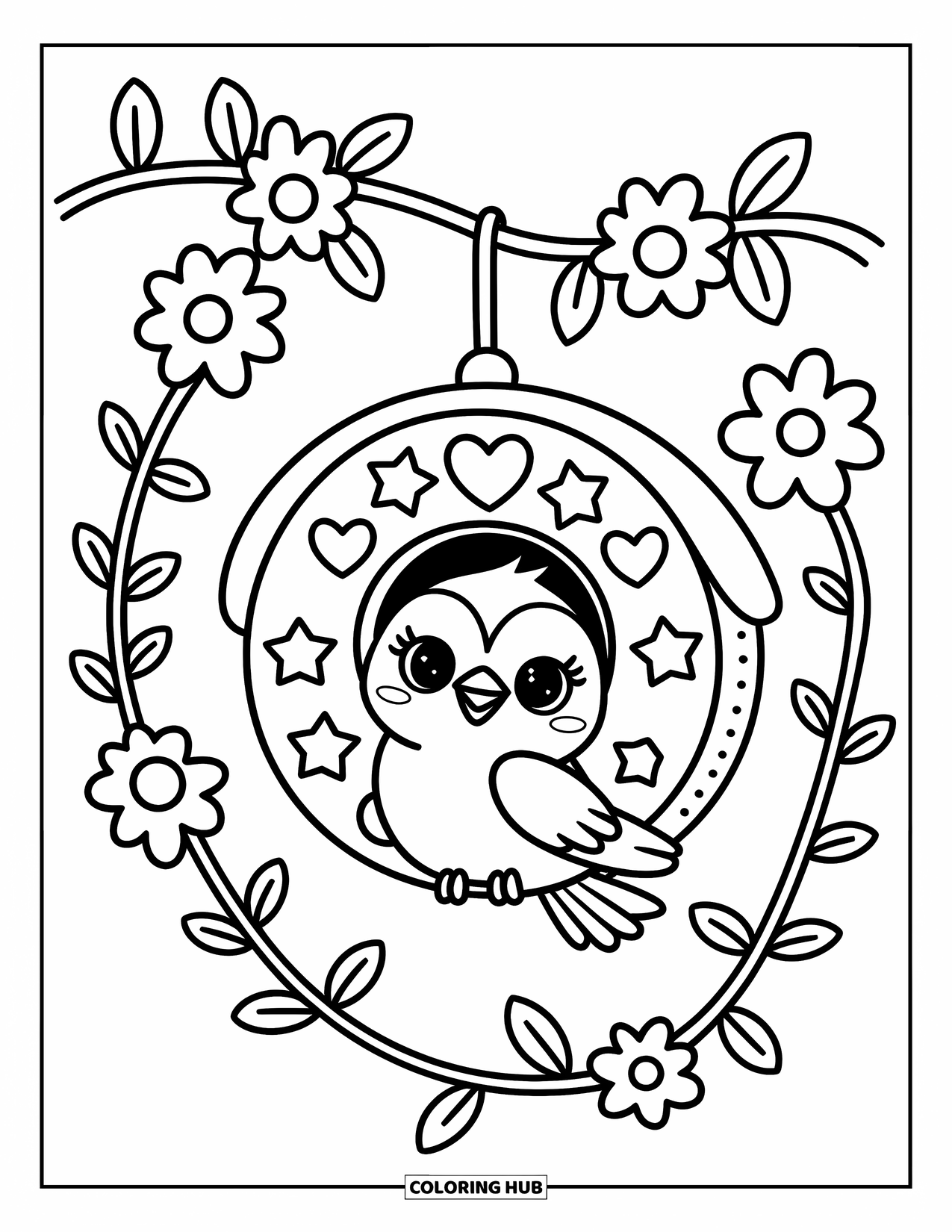 Bird Coloring Page for Adults: Bird looking out of a cozy birdhouse with hearts and stars