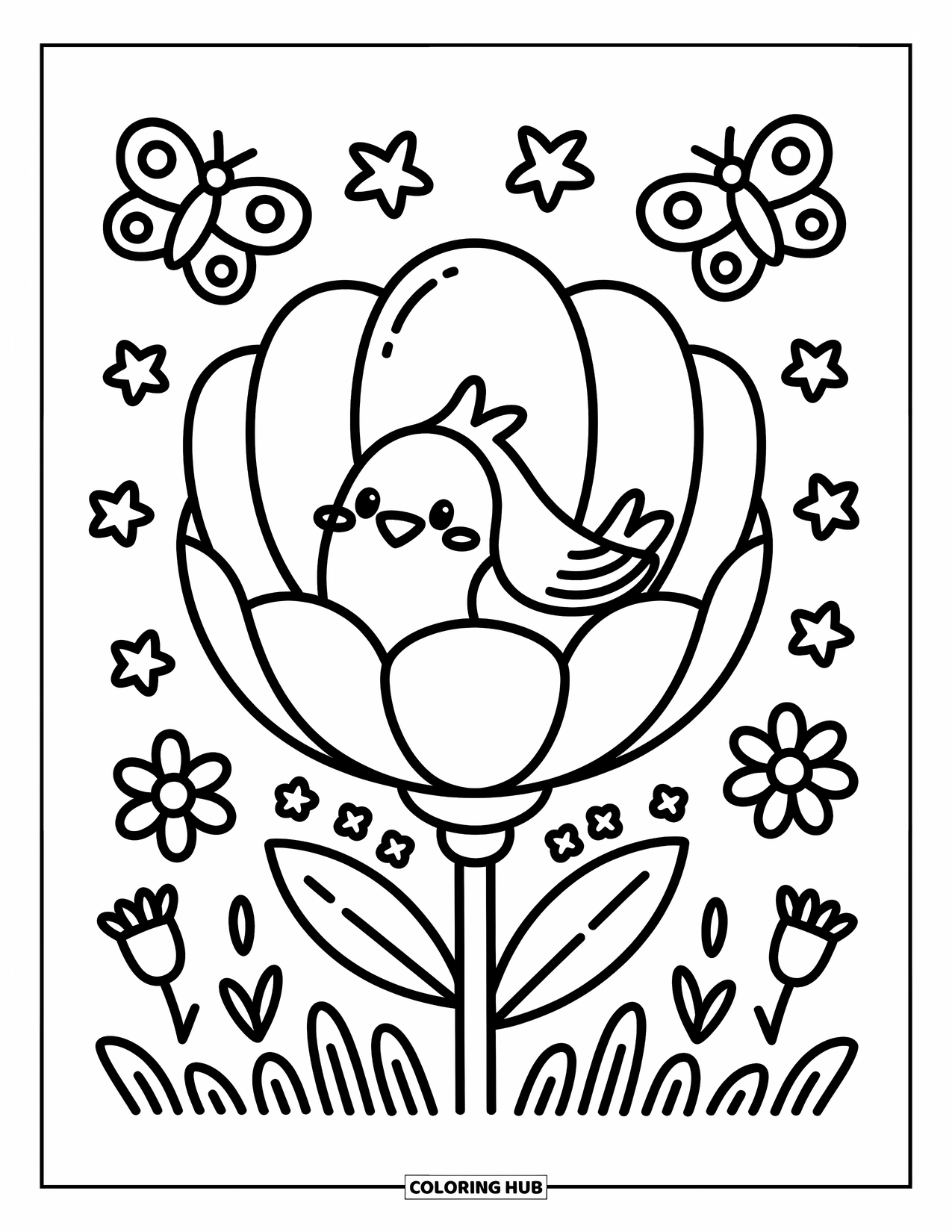 Bird Coloring Page for Adults: Bird nestled in a flower surrounded by butterflies and tiny blossoms