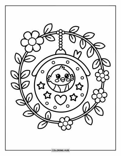 Dibujo de pajaros para colorear para adultos: Ave asomándose desde una casita para pájaros decorada con corazones en una rama envuelta en enredaderas