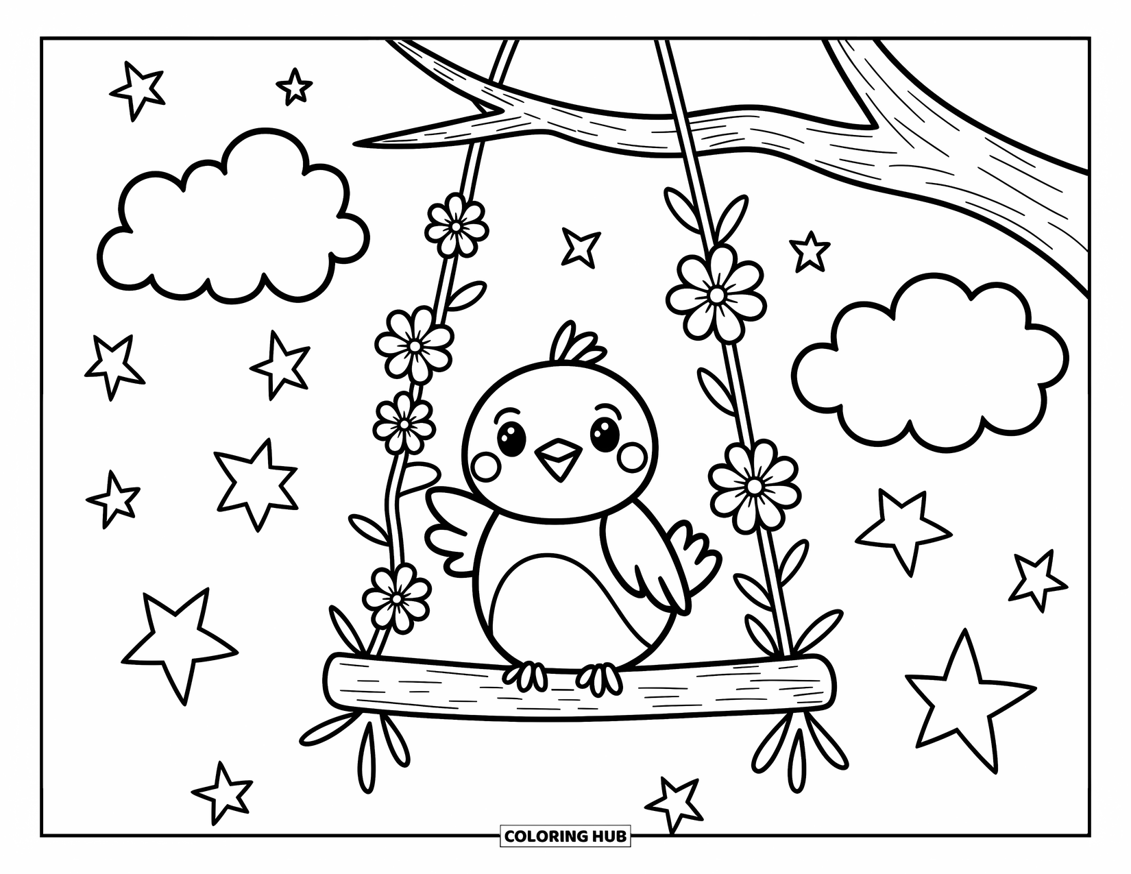 Bird Coloring Page for Adults: Bird perched on a flower swing surrounded by stars and clouds