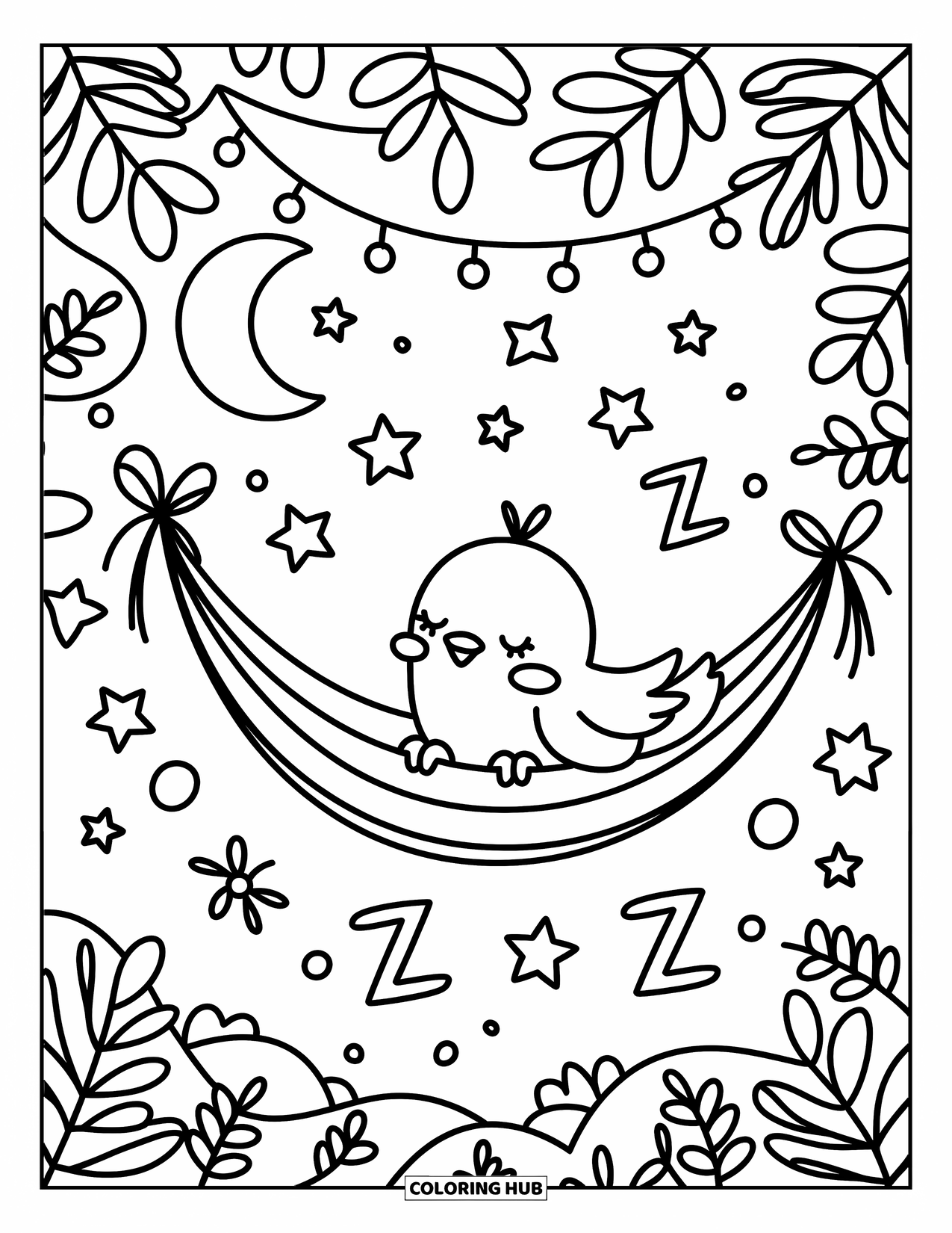 Bird Coloring Page for Adults: Bird relaxing in a hammock with stars, flowers, and bedtime charms