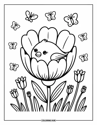 Dibujo de pajaros para colorear para adultos: Ave descansando en una flor grande mientras mariposas aletean suavemente alrededor