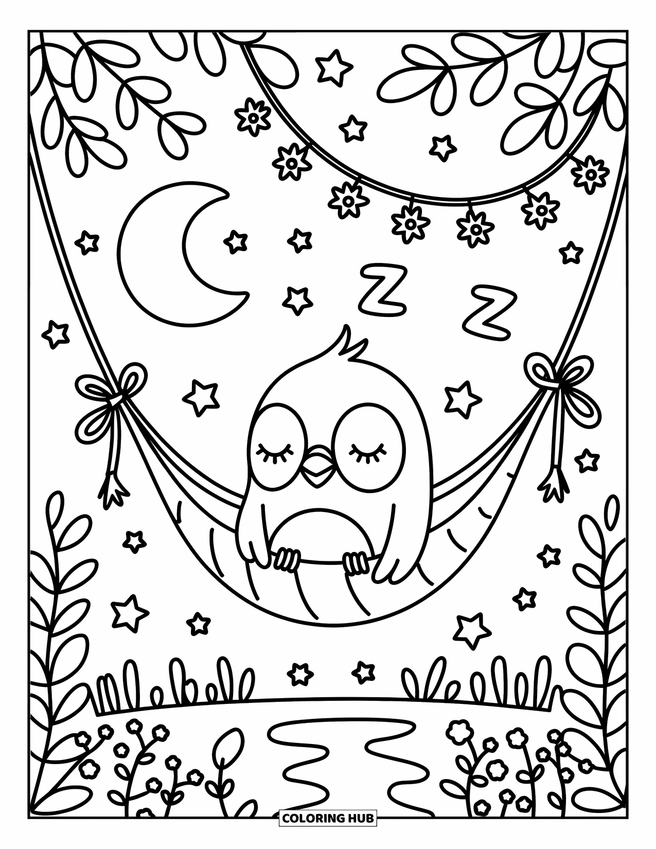 Bird Coloring Page for Adults: Bird rocking in a hammock under stars, with lights and sleepy decor