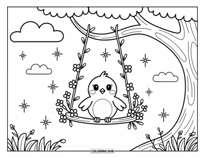 Dibujo de pajaros para colorear para adultos: Ave sentada en un columpio de ramita con flores y un cielo de ensueño