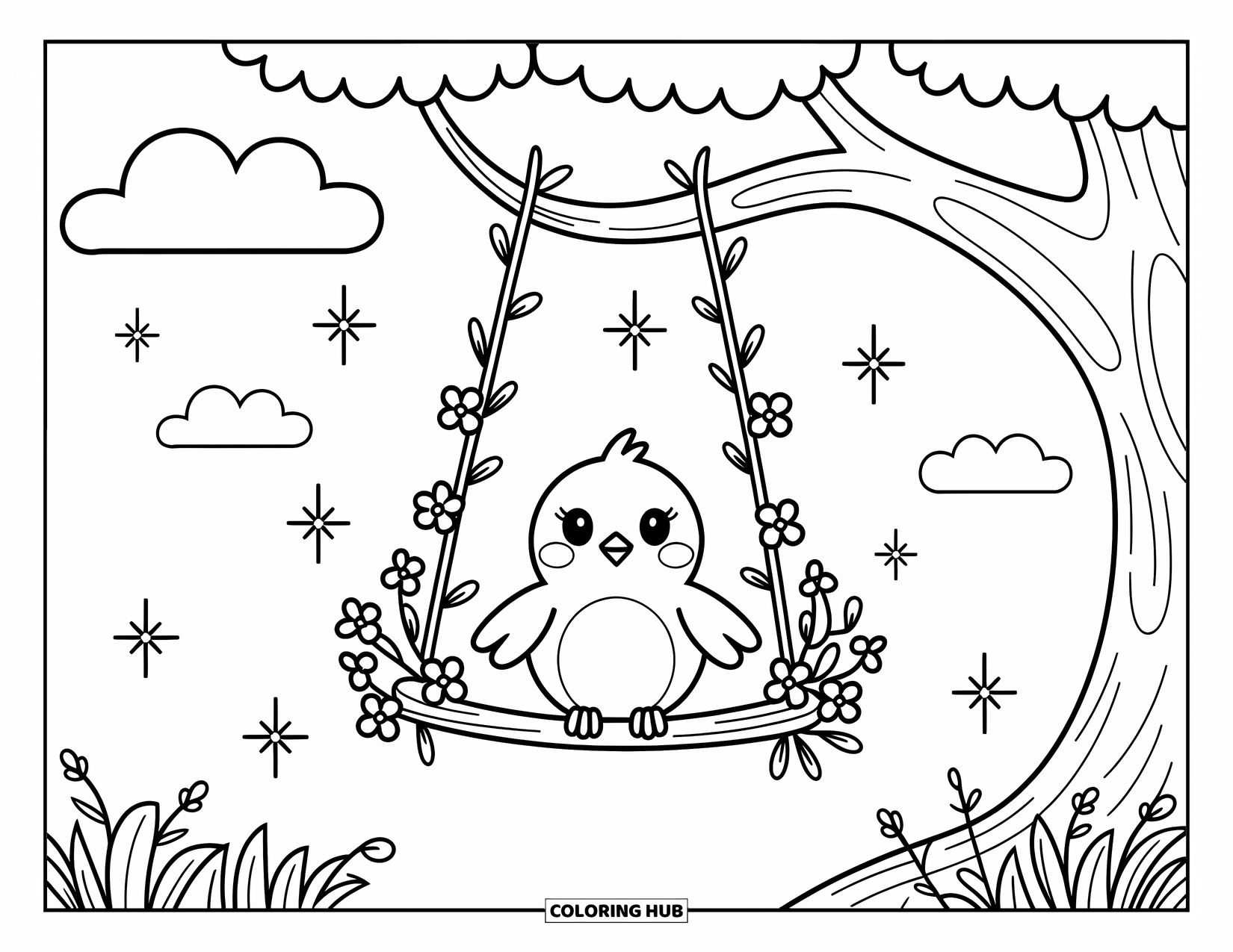 Bird Coloring Page for Adults: Bird sitting on a twig swing with flowers and a dreamy sky