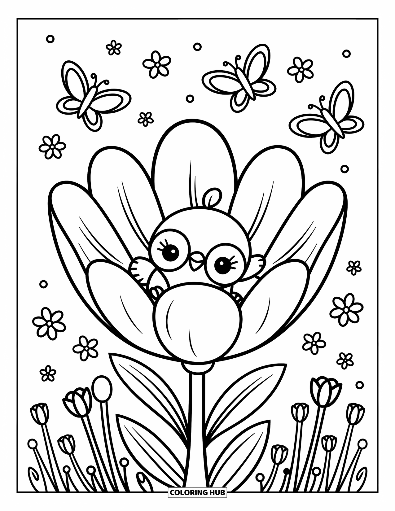 Bird Coloring Page for Adults: Bird snuggled in a giant flower blossom with butterflies all around