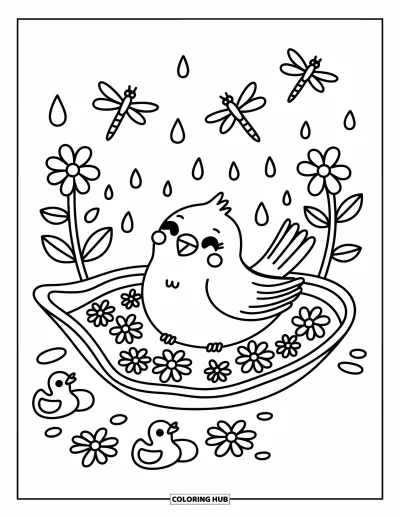 Dibujo de pajaros para colorear para adultos: Ave chapoteando en una tina con forma de hoja, con flores y patitos de goma