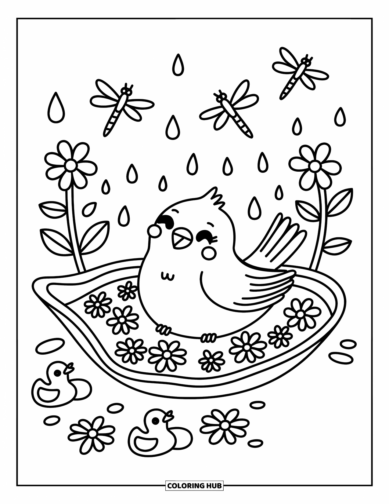 Bird Coloring Page for Adults: Bird splashing in a leaf-shaped tub with flowers and rubber duckies