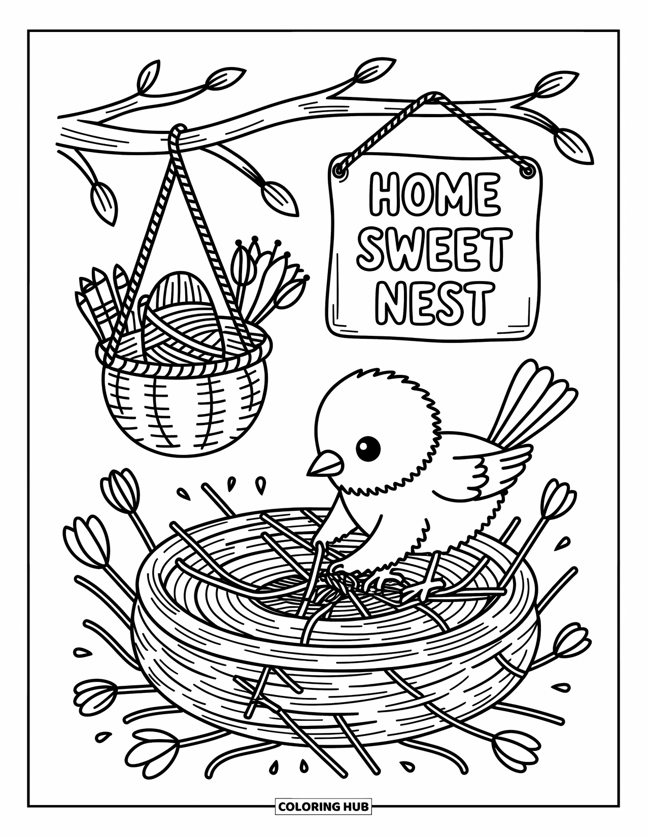 Bird Coloring Page for Adults: Bird weaving a nest with petals and yarn beside a ìHome Sweet Nestî sign