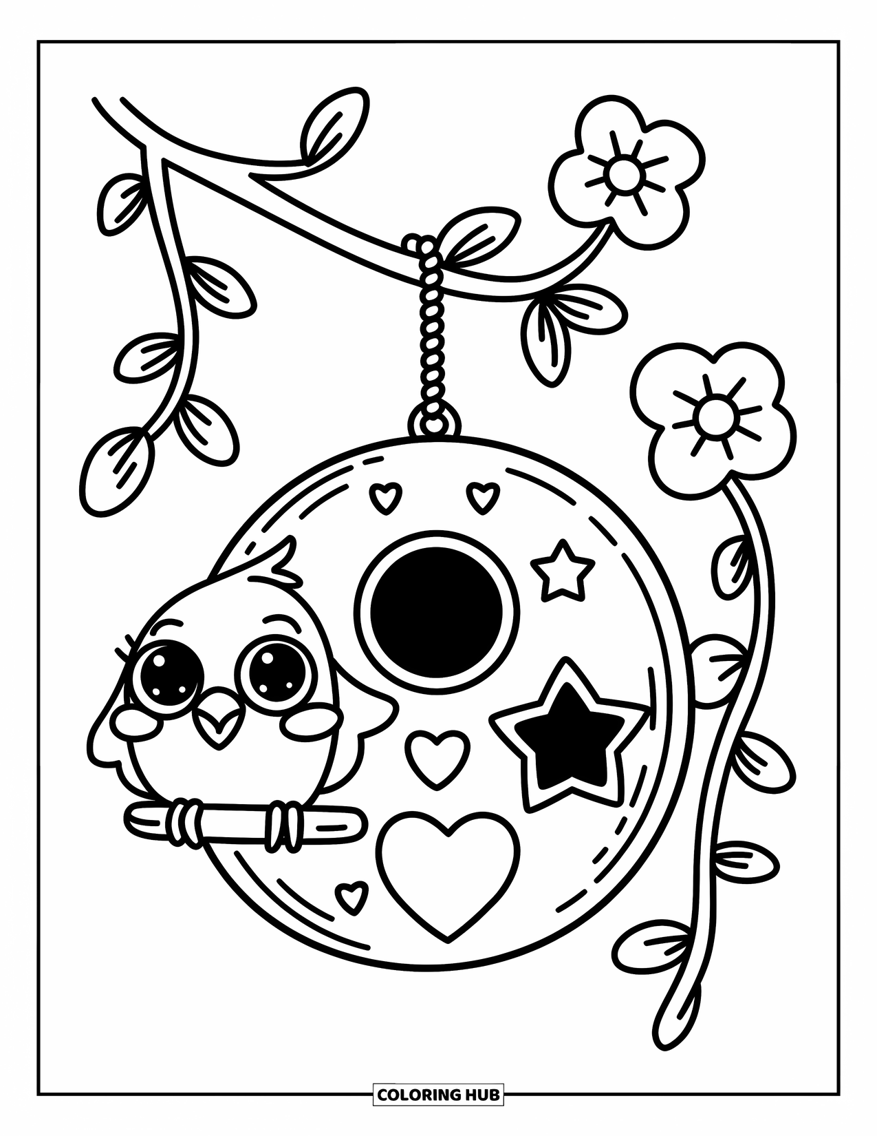 Bird Coloring Page for Adults: Bird with big eyes peeking out of a star-cutout birdhouse on a branch