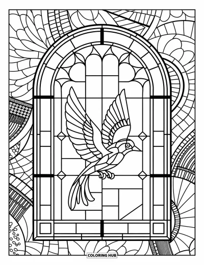 Dibujo de pajaros para colorear para adultos: Ave con alas abiertas enmarcada por vitrales detallados y patrones