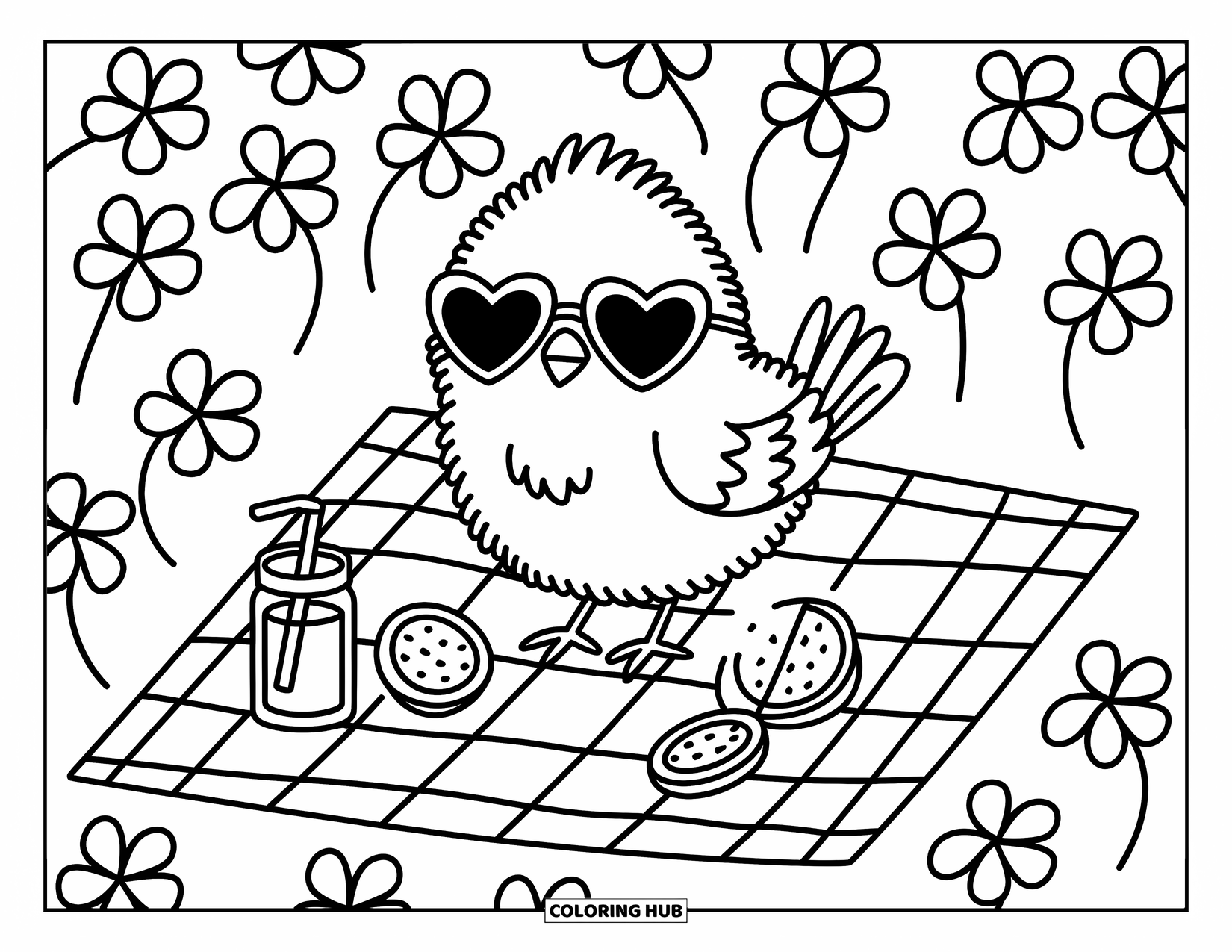 Bird Coloring Page for Adults: Bird with tiny sunglasses enjoying a clover-field picnic with fruit and juice