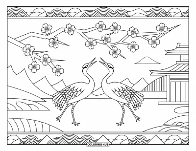 Dibujo de pajaros para colorear para adultos: Grullas bailando bajo flores en un paisaje con montañas y agua