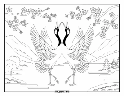 Dibujo de pajaros para colorear para adultos: Grullas con alas abiertas bailando bajo cerezos en flor