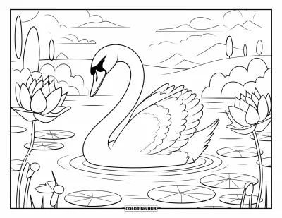 Dibujo de pajaros para colorear para adultos: Cisne de cuello curvado descansando en un lago con lotos y un fondo paisajístico