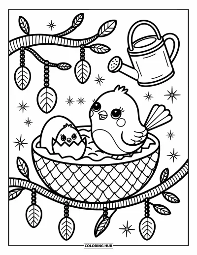 Dibujo de pajaros para colorear para adultos: Ave tierna junto a un nido de huevos, uno agrietado con una mirada al interior