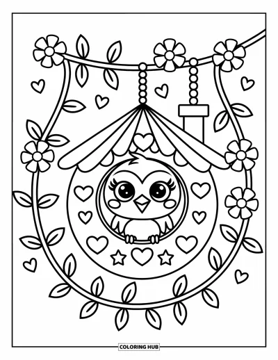 Dibujo de pajaros para colorear para adultos: Ave tierna asomándose desde una casita redonda para pájaros envuelta en flores y enredaderas