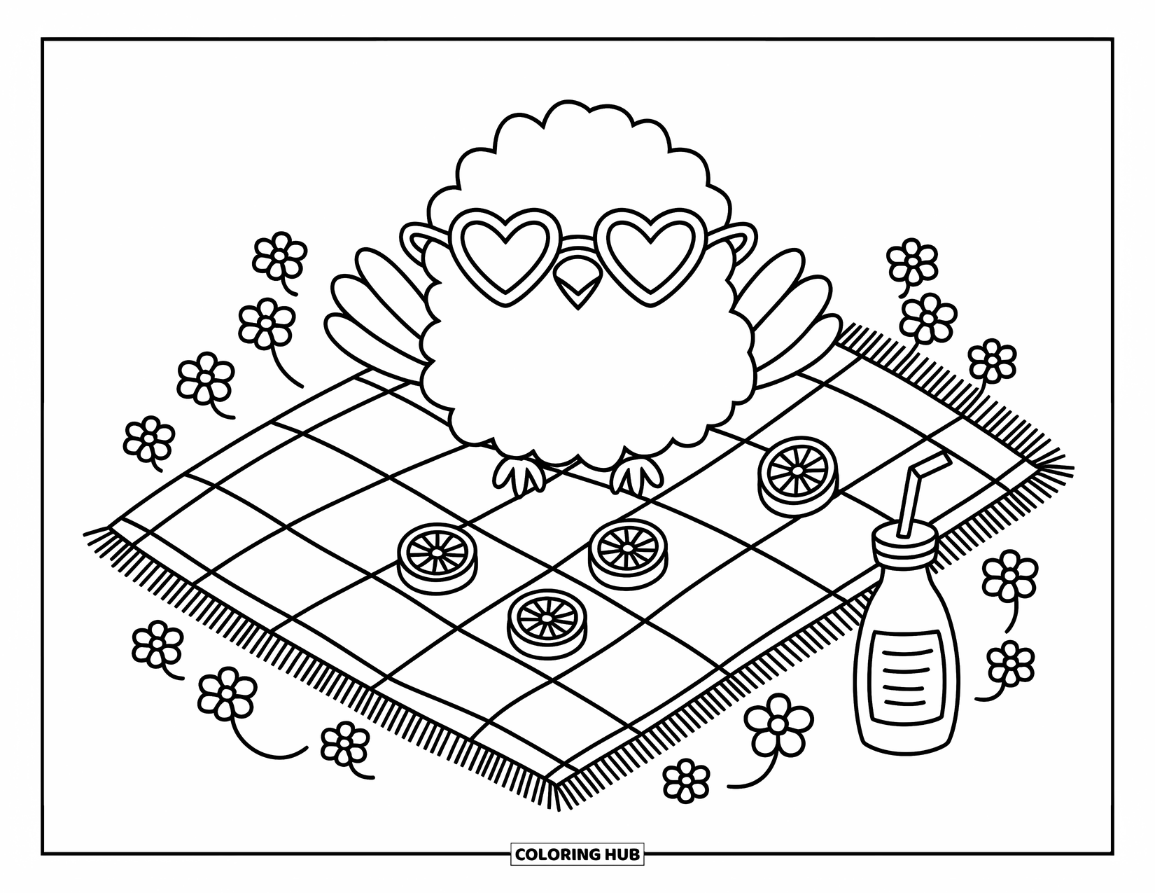 Bird Coloring Page for Adults: Cute bird with heart glasses resting on a picnic blanket near fruit and juice