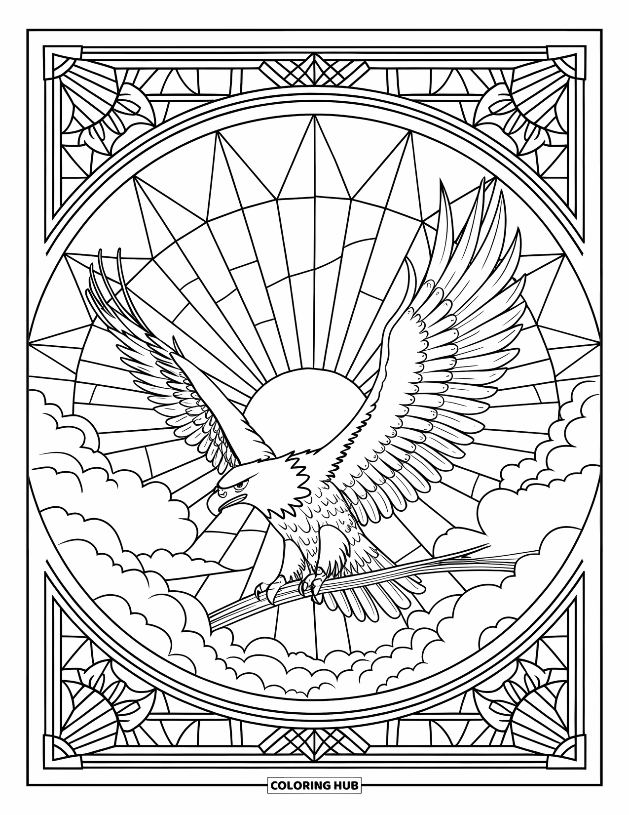 Bird Coloring Page for Adults: Eagle on a branch with geometric rays and decorative borders