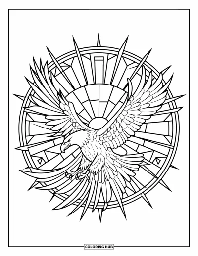 Dibujo de pajaros para colorear para adultos: Águila planeando entre rayos radiantes estilo vitral y formas geométricas