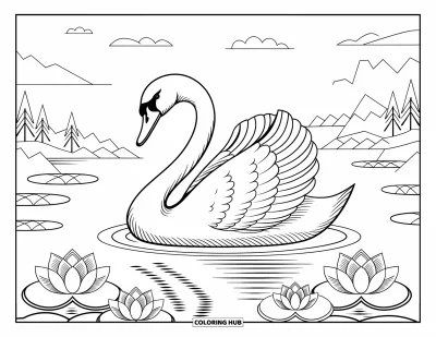 Dibujo de pajaros para colorear para adultos: Cisne elegante flotando entre flores de loto con montañas y nubes detrás