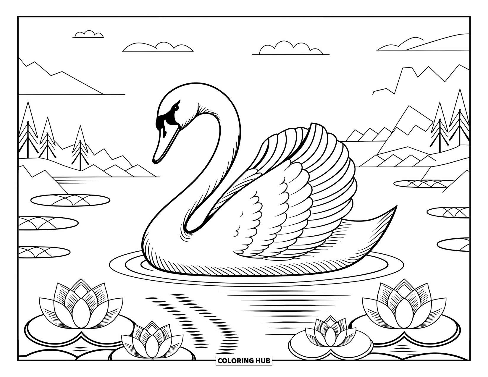 Bird Coloring Page for Adults: Graceful swan floating among lotus flowers with mountains and clouds behind