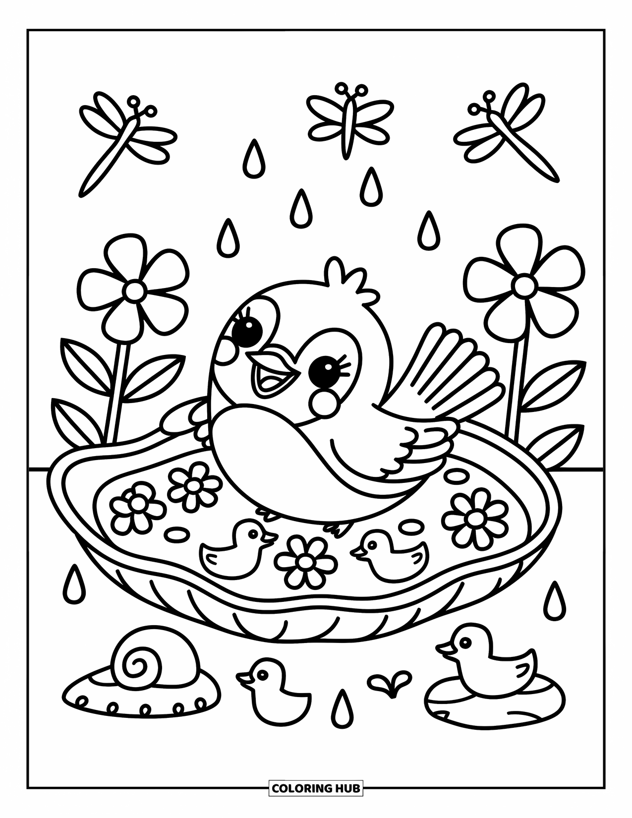 Bird Coloring Page for Adults: Happy bird in a leaf tub with duckies, flowers, and playful bugs
