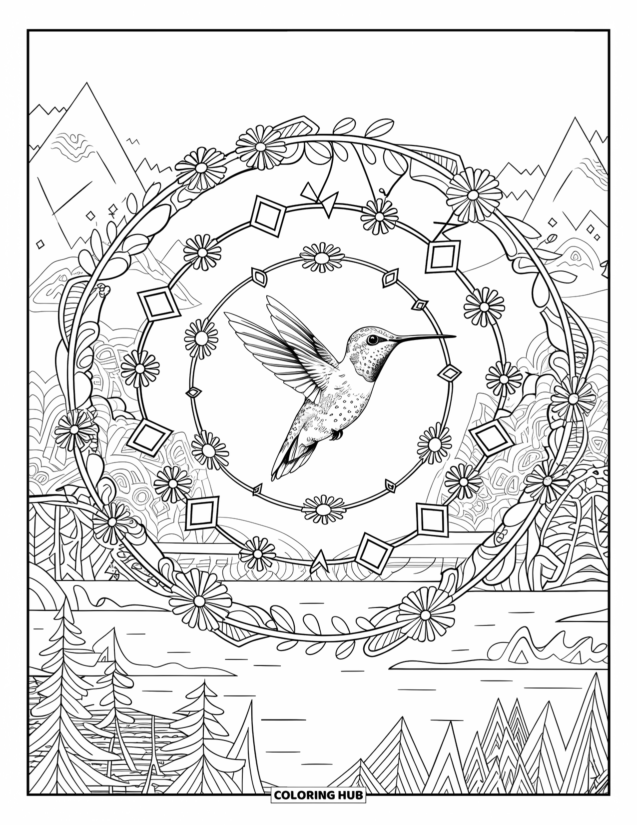 Bird Coloring Page for Adults: Hummingbird flying through floral mandala rings in a peaceful setting