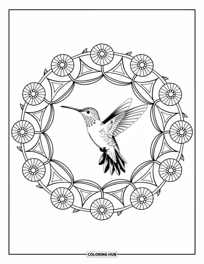 Dibujo de pajaros para colorear para adultos: Colibrí volando dentro de anillos espirales de mandala con flores y formas