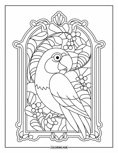 Dibujo de pajaros para colorear para adultos: Loro sentado dentro de un marco de vitrales con temática de selva