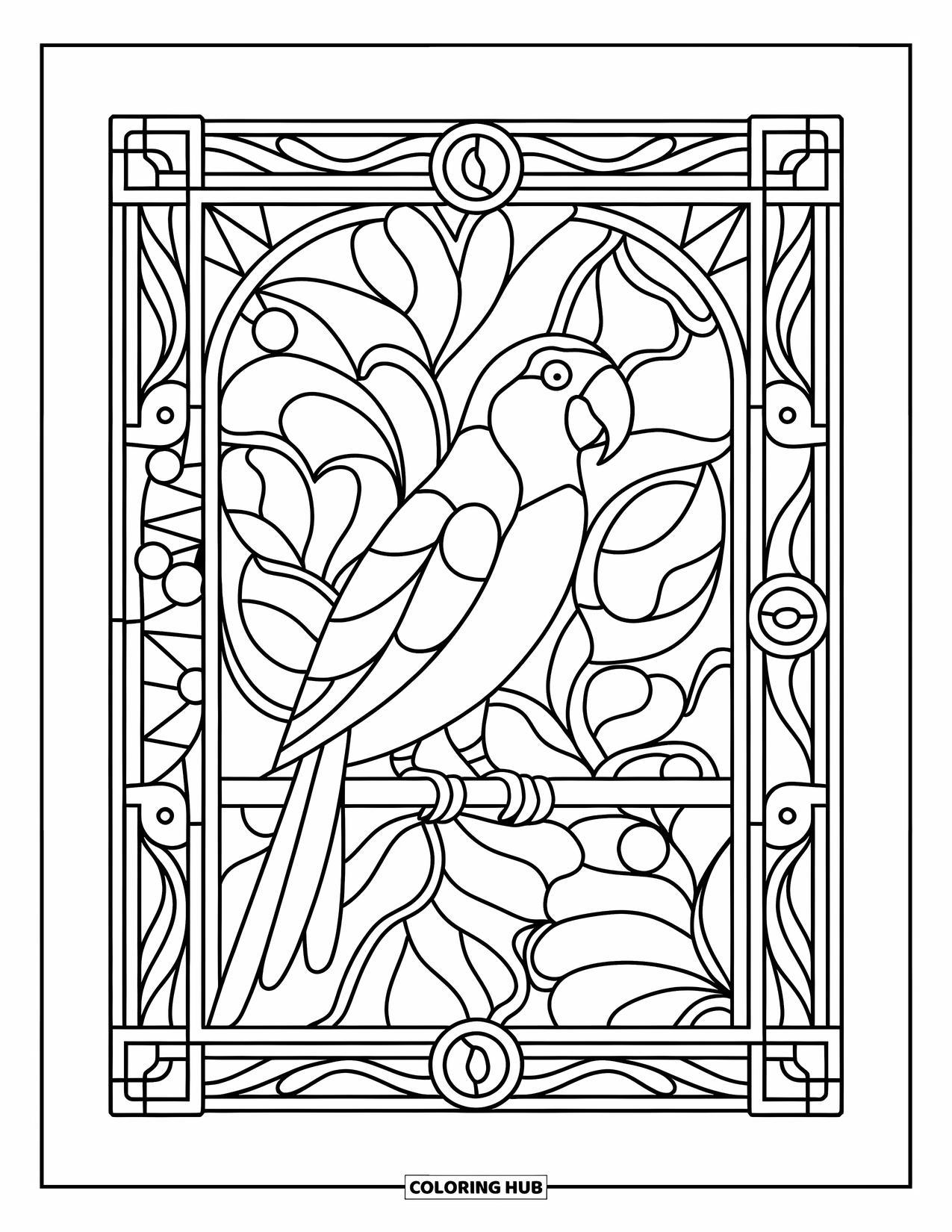 Bird Coloring Page for Adults: Parrot surrounded by grapevines and jungle leaves in a stained glass design