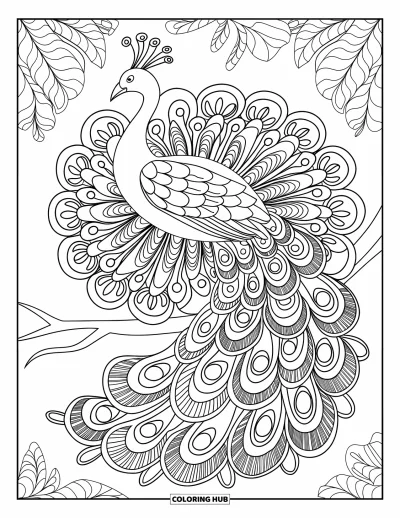 Dibujo de pajaros para colorear para adultos: Pavo real posado en una rama con una cola de mandala en espiral