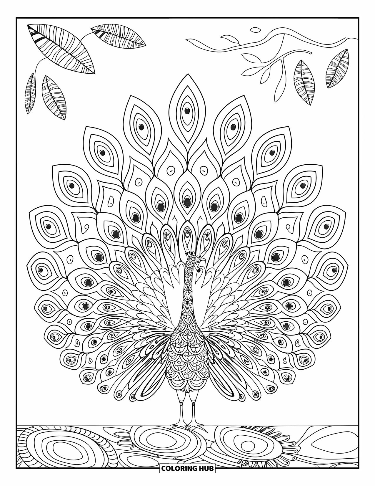 Bird Coloring Page for Adults: Peacock with its tail forming an ornate mandala, standing on textured ground