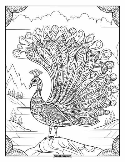 Dibujo de pajaros para colorear para adultos: Pavo real con diseño de cola tipo mandala enmarcado por montañas y agua
