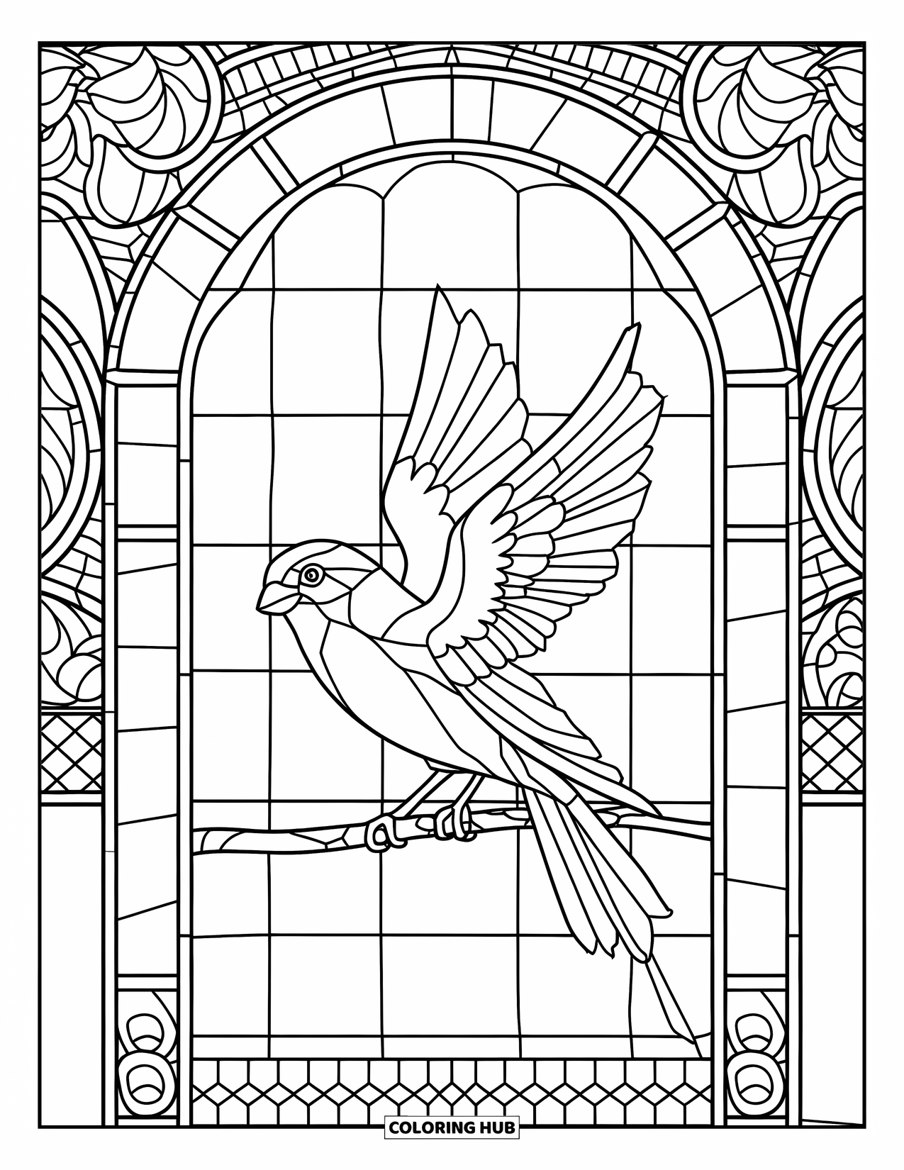 Bird Coloring Page for Adults: Perched bird with wings open in a stained glass-style window