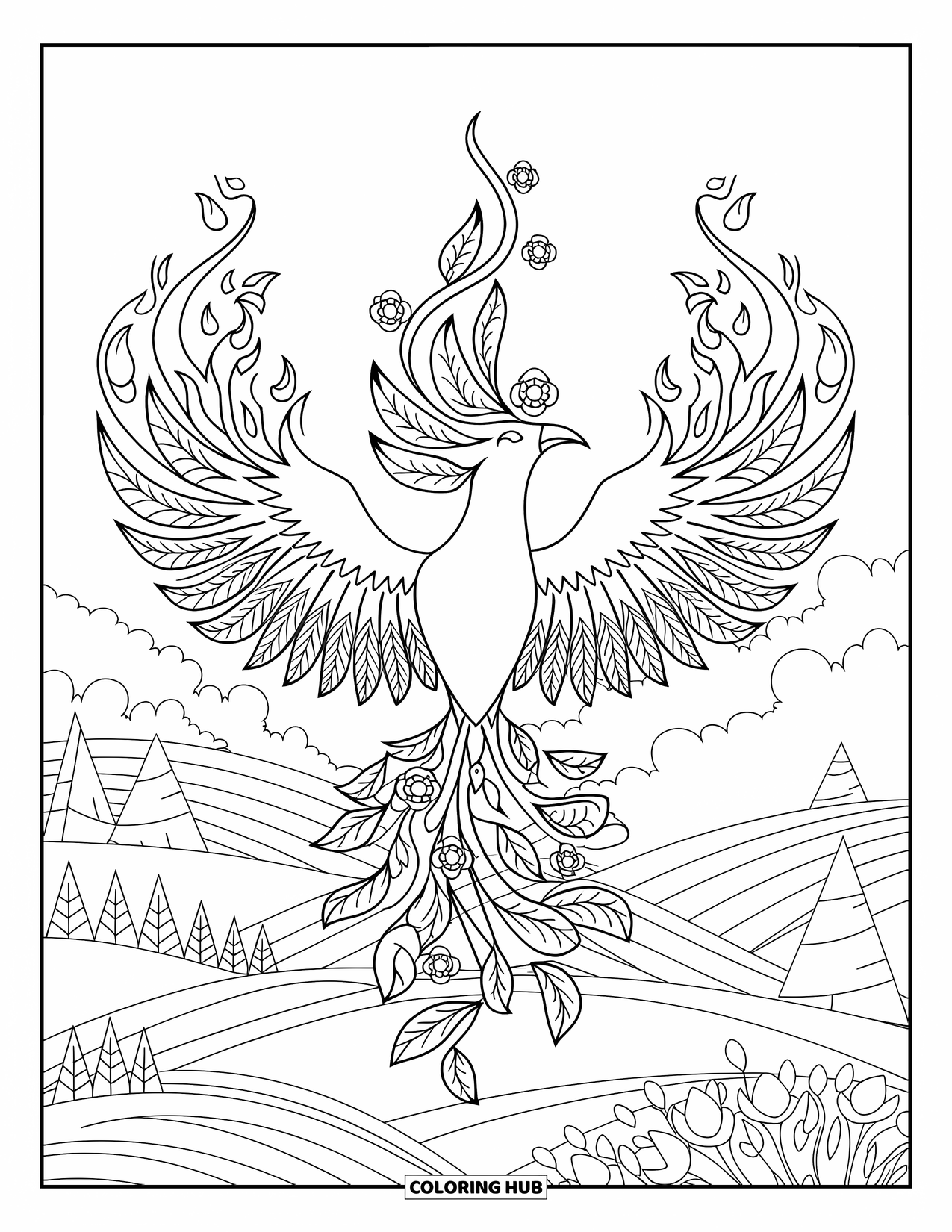 Bird Coloring Page for Adults: Phoenix bird rising with flame feathers curling into floral shapes