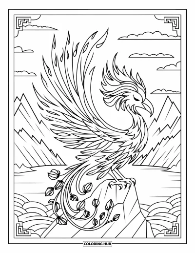 Dibujo de pajaros para colorear para adultos: Fénix posado con orgullo con plumas florales ardientes y un lago de montaña panorámico