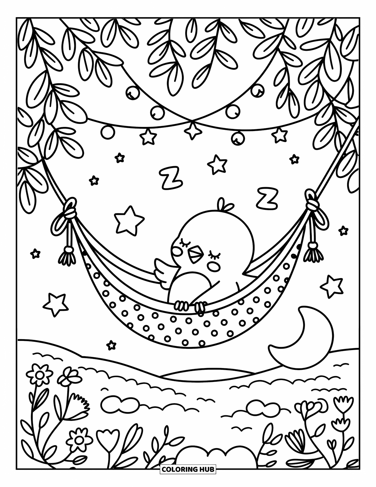 Bird Coloring Page for Adults: Sleepy bird in a hammock with a moon pillow and string lights
