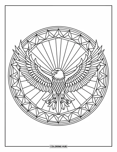 Dibujo de pajaros para colorear para adultos: Águila en vuelo rodeada de rayos intrincados estilo vitral